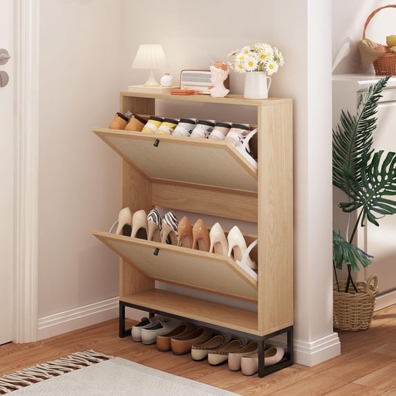 Wirrytor Shoe Storage Cabinet with Flip Drawers for Entryway, Freestanding Shoe Organizer, Holds up to 20 Pairs of Shoes,, Natural