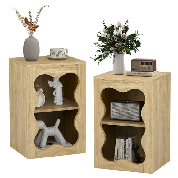 Wirrytor Small Side Table Set of 2 with Storage Open Shelves, Fluted End Table for Small Spaces, Small Accent Tables, Couch Side Table, Nightstand for Bedroom Couch,Oak