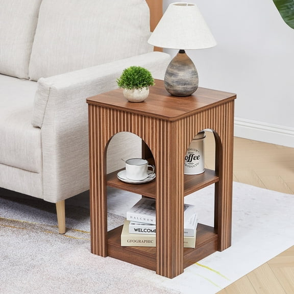 Wirrytor Arch End Table for Living Room with Open Storage Shelves, Side Table for Small Spaces, Chic Arched Design, Small Accent Tables,Couch Side Table, Nightstand for Badroom, Walnut