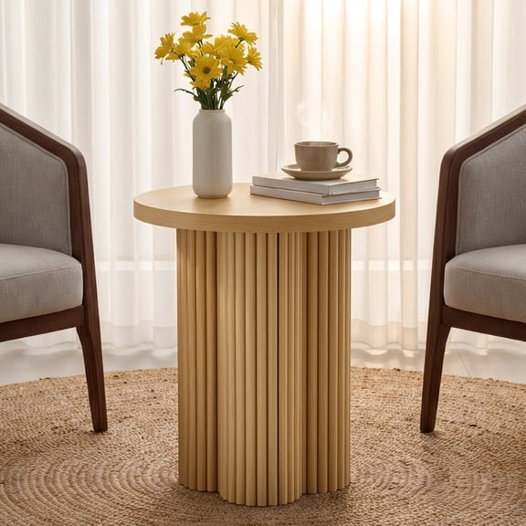 Wirrytor Side Table, Small Round End Table with Fluted Accent, Mid-Century Modern Nightstand for Small Space Living Room, (Oak)