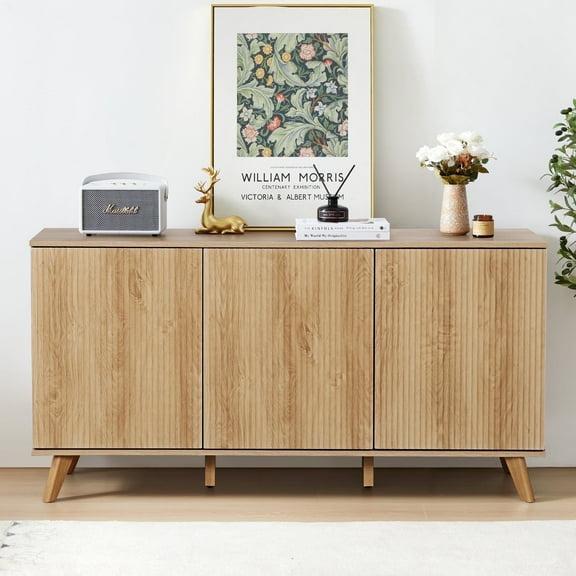 Wirrytor Sideboard Storage Cabinet with Doors and Shelves, Buffet Cabinet with Storage, Credenza Storage Cabinet for Kitchen, Wooden Fluted Cabinet, Under TV Cabinet with Storage,Natural