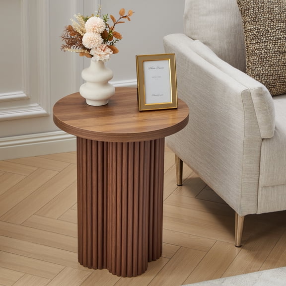 Wirrytor Small Round Side Table, Accent Table for Small Spaces, Wood Fluted Nightstand , Sofa Couch End Table for Bedroom Living Room, Walnut