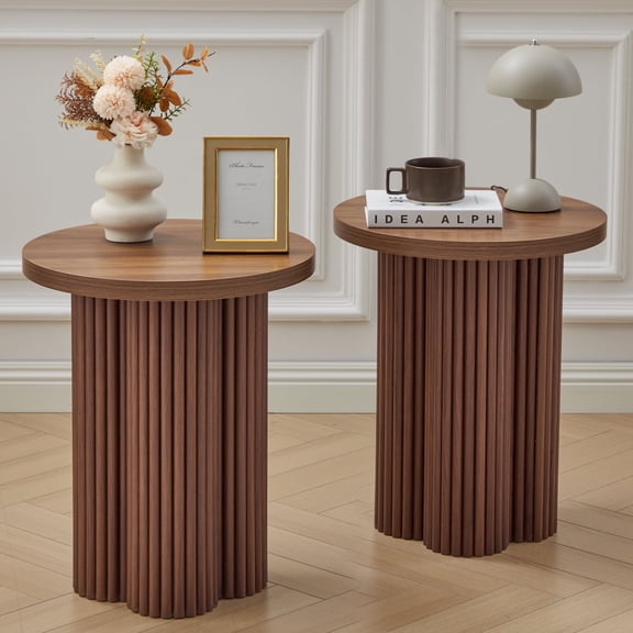 Wirrytor Small Round Side Table Set of 2, Accent Table for Small Spaces, Wood Fluted Nightstand , Sofa Couch End Table for Bedroom Living Room, Walnut
