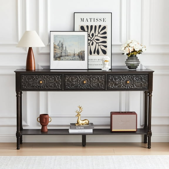 Wirrytor Vintage Light Grey Console Table with 2 Drawers for Narrow Entryway, Modern Sofa Table for Living Room, Narrow Sofa Table with Open Storage Shelf, Hallway Table and Couch Table Behind Sofa