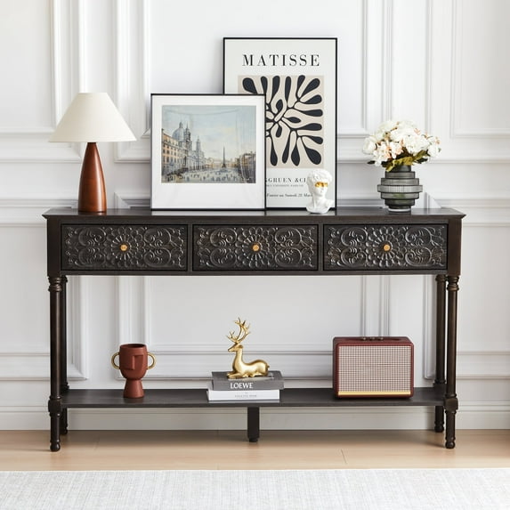 Wirrytor Vintage Light Grey Console Table with 2 Drawers for Narrow Entryway, Modern Sofa Table for Living Room, Narrow Sofa Table with Open Storage Shelf, Hallway Table and Couch Table Behind Sofa