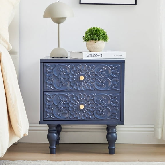 Wirrytor Vintage Short Nightstand with 2 Drawers, Bedside Table 2 Drawer Dresser with Embossed Pattern, Storage End Table with Wooden Legs for Bedroom & Living Room,Blue
