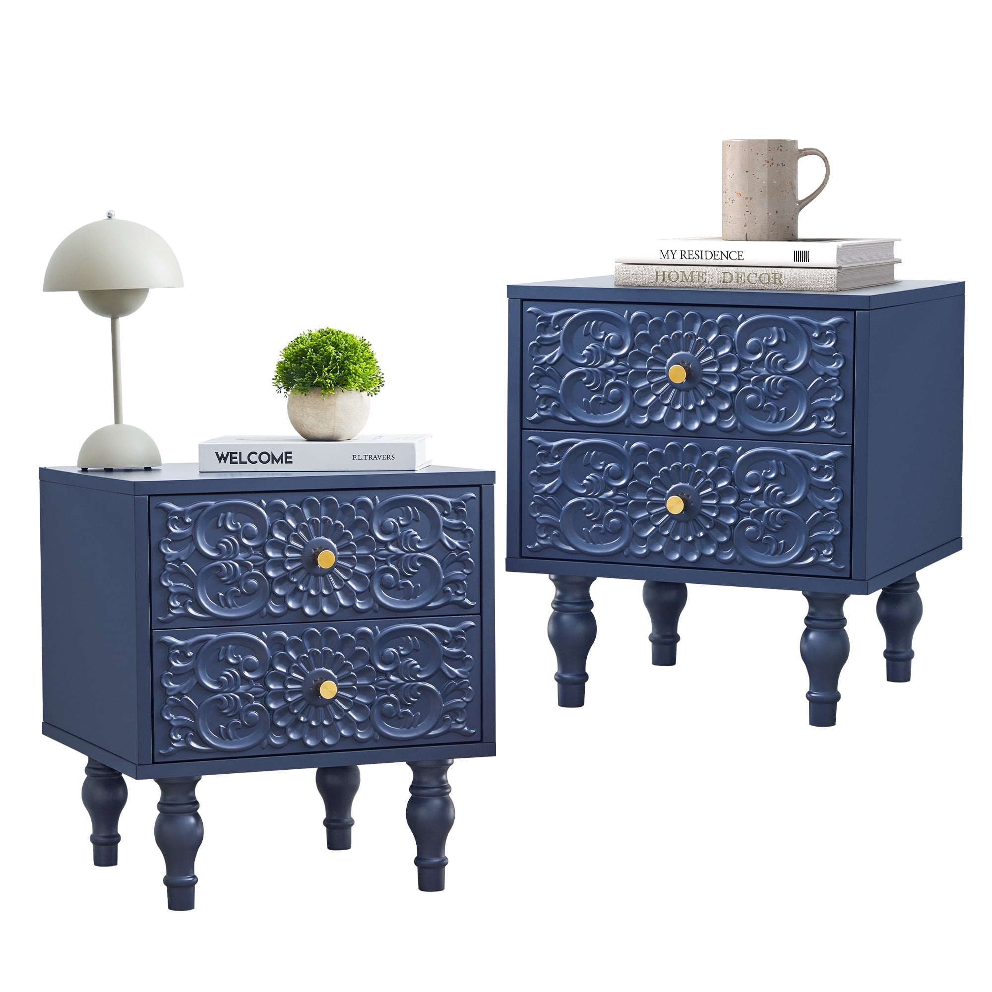 Wirrytor Vintage Short Nightstand Set of 2 with 2 Drawers, Bedside Table 2 Drawer Dresser with Embossed Pattern, Storage End Table with Wooden Legs for Bedroom & Living Room,Blue