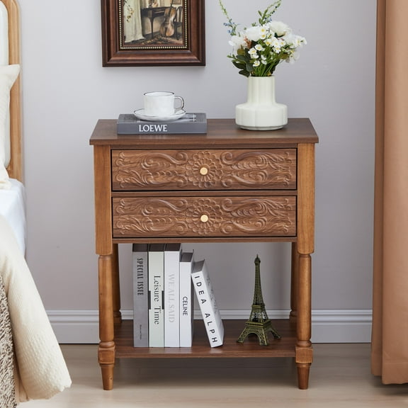 Wirrytor Vintage Wood 2-Drawer Tray Top Navy Blue Nightstand, Bedside Table 2 Drawer Dresser with Embossed Pattern, Storage End Table with Wooden Legs for Living Room