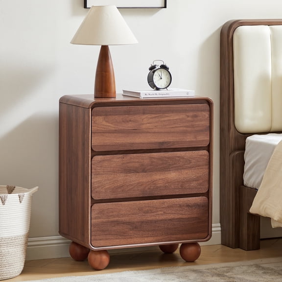 Wirrytor Walnut 3-Drawer Curved Edge Nightstand, Mid-Century Modern Bedside Table With Ball Legs, Versatile End Table For Bedroom & Living Room