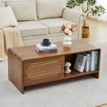 thumbnail image 1 of Wirrytor Walnut 43.3" Coffee Table With Sliding Door, Mid-Century Modern Coffee Table With Double-Sided Storage, Curved Edge Living Room Table With Sturdy Legs, 1 of 10