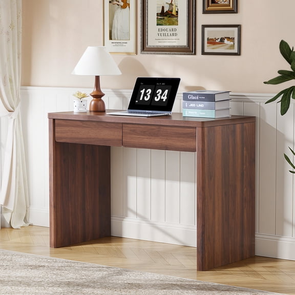 Wirrytor Walnut 43.3" Computer Desk With 2 Storage Drawers, Mid-Century Modern Small Office Desk, Versatile Study Vanity Table For Bedroom & Home Office