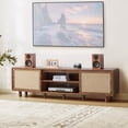 thumbnail image 1 of WIRRYTOR Mid-Century Modern TV Stand for 80 inch TV with Linen Sliding Doors, 70" Boho Entertainment Center, Wood Media Console Table, Walnut, 1 of 9