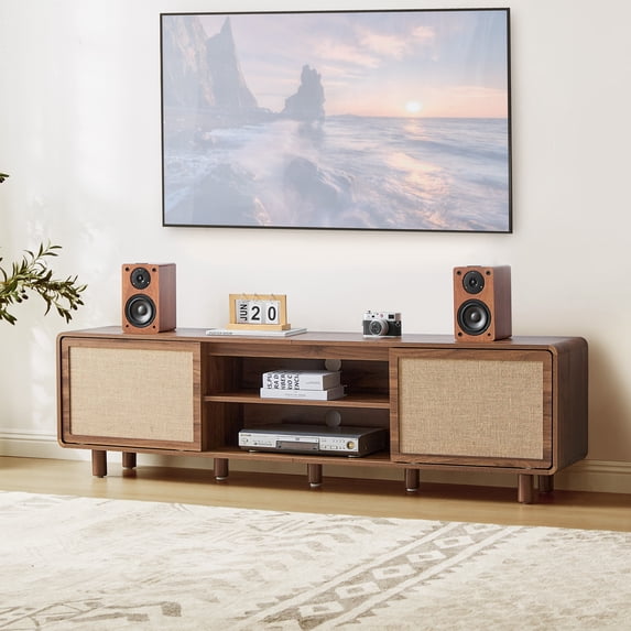 WIRRYTOR Mid-Century Modern TV Stand for 80 inch TV with Linen Sliding Doors, 70" Boho Entertainment Center, Wood Media Console Table, Walnut