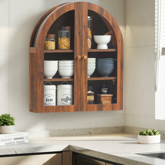 Wirrytor Walnut Arched Wall Cabinet with Glass Door, Hanging Bathroom Shelf, Medicine Wall Mounted Cupboard, Farmhouse Over the Toilet Cabinet
