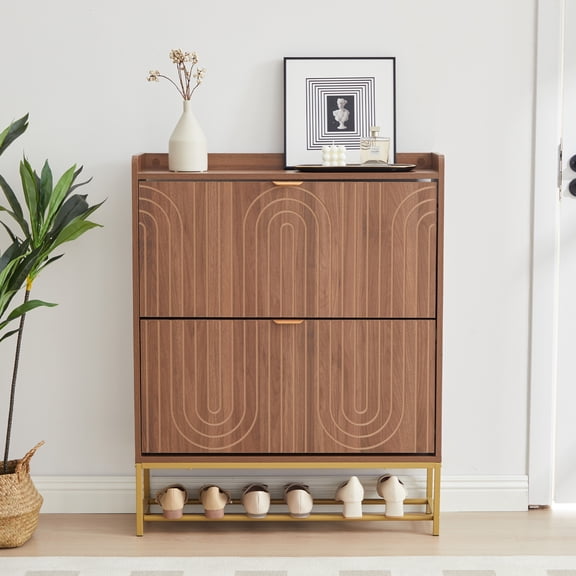 Wirrytor Walnut Carved Line Shoe Cabinet with 2 Flip Drawers, Adjustable Shelves Shoe Storage Organizer, Narrow Entryway Shoe Rack with Anti-Tipping Device for Hallway