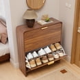 thumbnail image 1 of Wirrytor Walnut Curved Edge 2 Flip Drawer Shoe Cabinet, 75cm Fluted Panel Narrow Shoe Storage Organizer, Adjustable Shelf Entryway Shoe Rack For Hallway Bedroom, 1 of 13