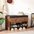 thumbnail image 1 of Wirrytor Curved Edge Shoe Storage Bench with 2 Drawers, 2-Tier Cushioned Entryway Bench Shoe Rack Organizer for Hallway Bedroom Living Room, Walnut, 1 of 11