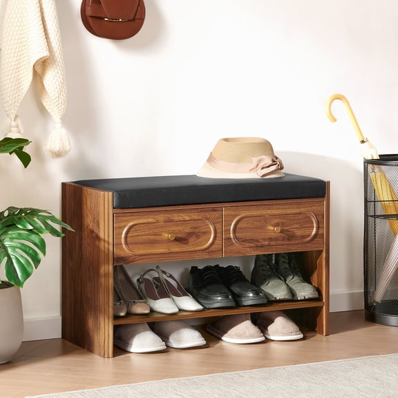 Wirrytor Walnut Curved Edge Shoe Bench With 2 Drawers, PU Leather Cushion Entryway Storage Bench, 2-Tier Shoe Rack Organizer For Hallway Bedroom Living Room