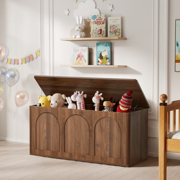 Wirrytor Walnut Curved Edge Storage Bench, Arched Panel Flip-Top Shoe Bench With Buffer Hinge, 220 Lbs Weight Capacity Entryway Organizer For Toys Blankets Hallway Bedroom Living Room