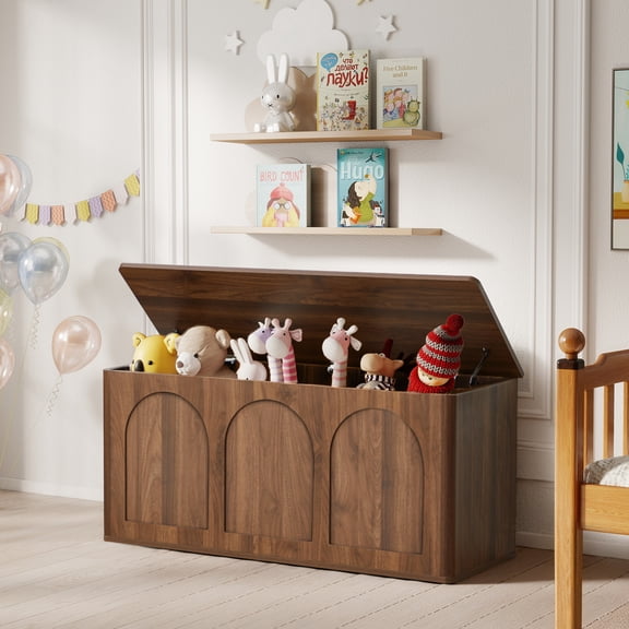Wirrytor 39" Large Curved Edge Shoe Storage Bench with Flip Top, Arched Panel Storage Chest for Entryway Hallway Bedroom Toys Blankets, Walnut
