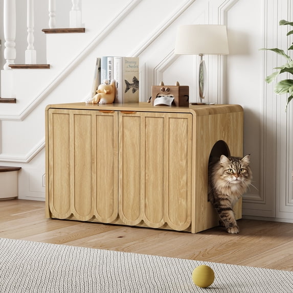 Wirrytor Wave Panel Cat Litter Box Enclosure, Modern Hidden Litter Box with Side Hooks, Multi-Use Cat Washroom Furniture for Living Room, Natural