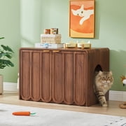 Wirrytor Wave Panel Cat Litter Box Enclosure, Modern Hidden Litter Box with Side Hooks, Multi-Use Cat Washroom Furniture for Living Room, Walnut
