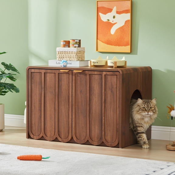 Wirrytor Wave Panel Cat Litter Box Enclosure, Modern Hidden Litter Box with Side Hooks, Multi-Use Cat Washroom Furniture for Living Room, Walnut