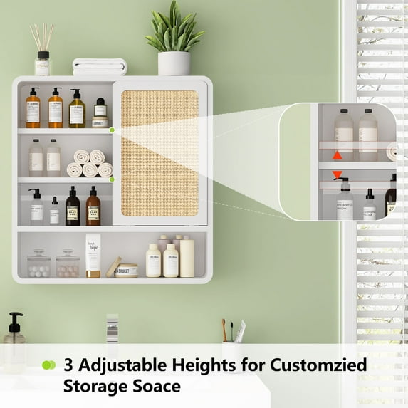 Wirrytor White Bathroom Wall Cabinet , Rattan Over The Toilet Storage Cabinet with Door and Open Shelves,Wall Mounted Storage Cabinet,Floating Hanging Cabinet Space Saver for Laundry Room