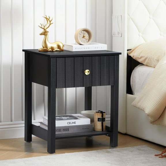 Wirrytor Wide Fluted Nightstand with Drawer and Open Storage Shelf for Bedroom, Retro Narrow Side Table w/Solid Wood Legs for Living Room, Slim End Table for Small Space, Black