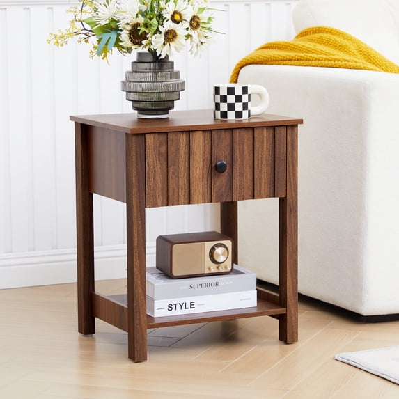 Wirrytor Wide Fluted Nightstand with Drawer and Open Storage Shelf for Bedroom, Retro Narrow Side Table w/Solid Wood Legs for Living Room, Slim End Table for Small Space, Rustic Brown