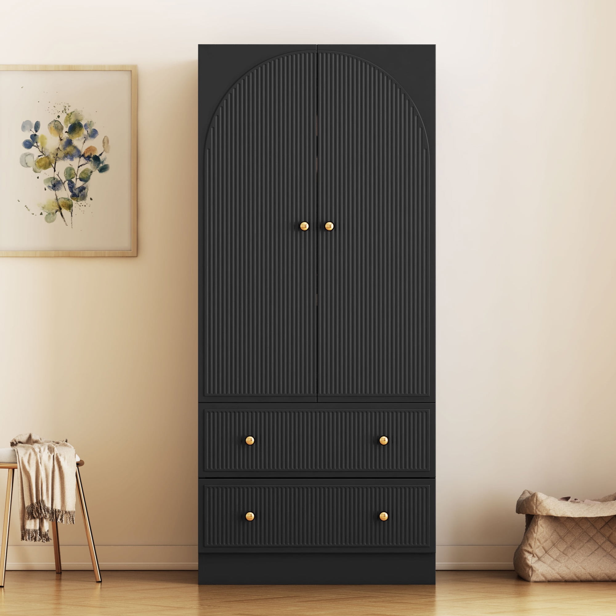 Wirrytor Wood 2 Doors with 2 Storage Drawers Freestanding Armoire Wardrobe Clothing Rod, Large Capacity Wardrobe Cabinet, Black