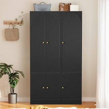 Wirrytor Wooden Black 6 Doors with 6 Storage Drawers Freestanding Armoire Wardrobe Clothing Rod, Large Capacity Wardrobe Cabinet in Black