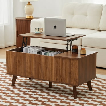Wirrytor Wooden Lift Top Coffee Table, Square Fluted Coffee Table Square Coffee Table with Large Hidden Compartment, Farmhouse Center Tables (Walnut Grain)