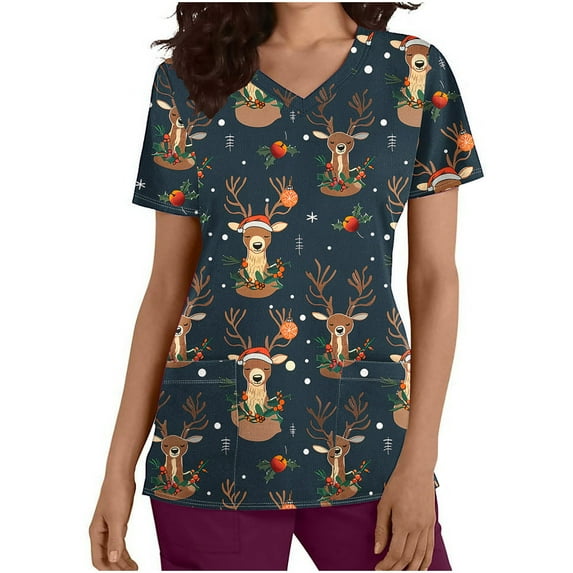 Wirziis Christmas Costumes for Women Nursing Scrub Tops Christmas Printed Working Uniform Short Sleeve V-Neck Workwear Blouse T-shirt with Pockets