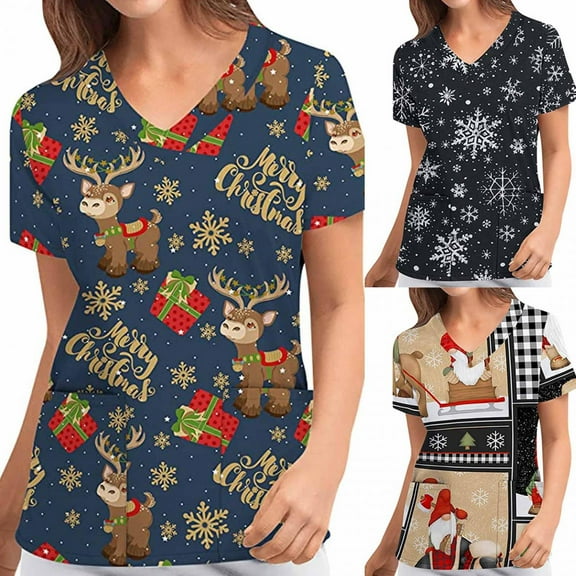 Wirziis Christmas Costumes for Women Nursing Scrub Tops Christmas Printed Working Uniform Short Sleeve V-Neck Workwear Blouse T-shirt with Pockets