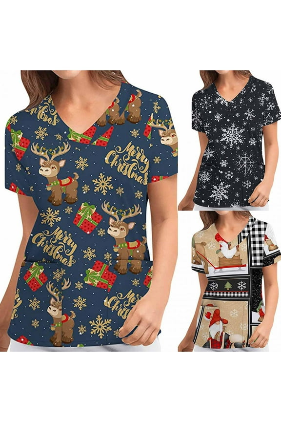 Wirziis Christmas Costumes for Women Nursing Scrub Tops Christmas Printed Working Uniform Short Sleeve V-Neck Workwear Blouse T-shirt with Pockets