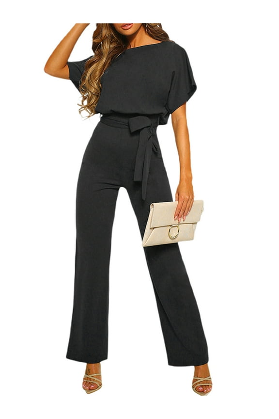 Wirziis Jumpsuits for Women Casual Loose Batwing Sleeve Crewneck Rompers Long Pants Belted Wide Legs Overall S-XL