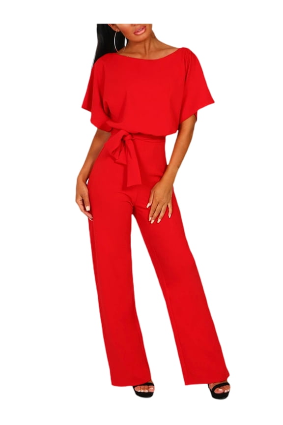 Wirziis Jumpsuits for Women Casual Loose Batwing Sleeve Crewneck Rompers Long Pants Belted Wide Legs Overall S-XL