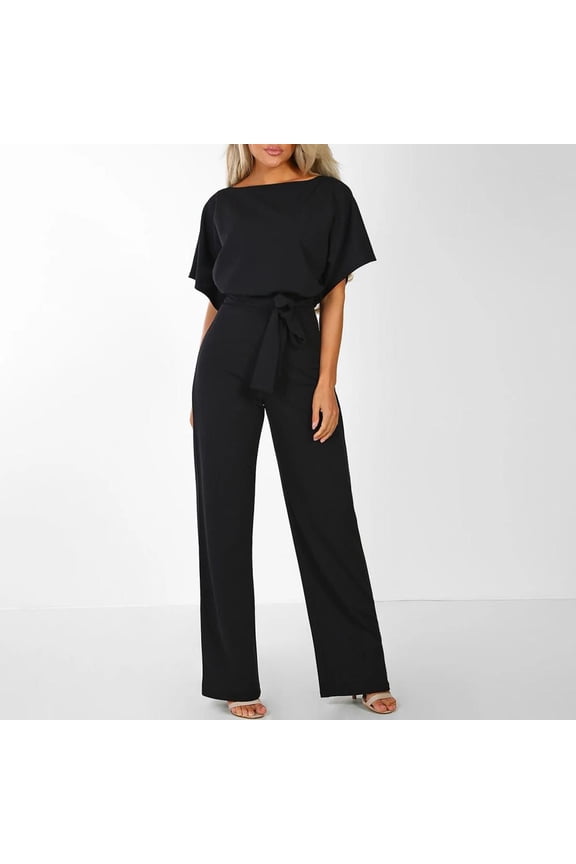 Wirziis Jumpsuits for Women Casual Loose Batwing Sleeve Crewneck Rompers Long Pants Belted Wide Legs Overall S-XL