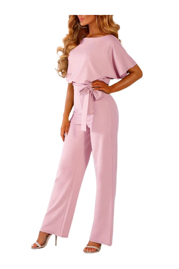Wirziis Jumpsuits for Women Casual Loose Batwing Sleeve Crewneck Rompers Long Pants Belted Wide Legs Overall S-XL