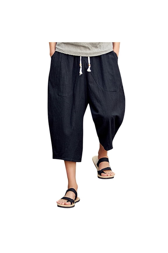 Wirziis Men's Baggy Linen Capri Pants Casual Yoga Patchowork Beach Pants with Drawstring