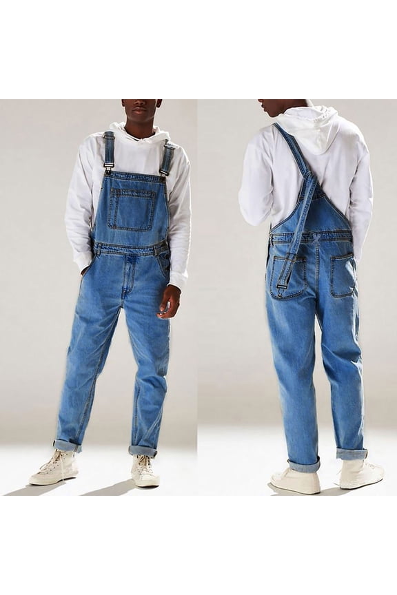 Wirziis Men's Denim Bib Overalls Blue Loose fit Overalls Holes Ripped Jumpsuits Ripped Hole Slim Jumpsuit with Pockets