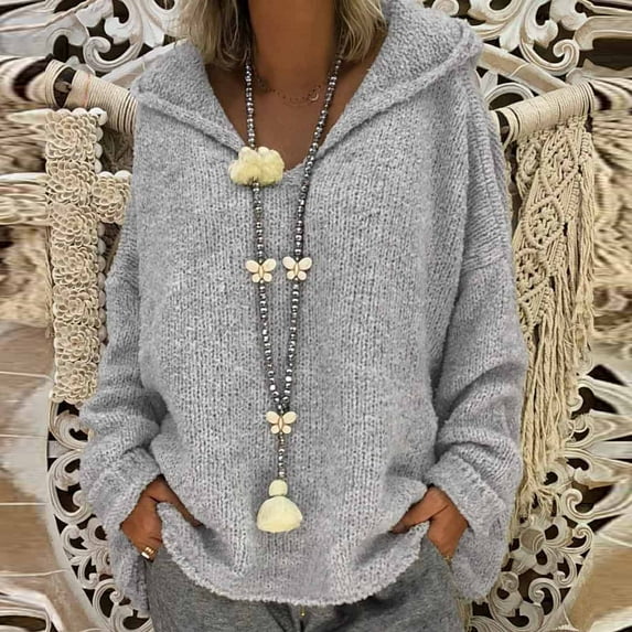 "Wirziis Ugly Christmas Sweater for Women,Women's Plus Size Casual Loose Hooded Long-Sleeved Sweater Solid Color Top - Gifts for Women"