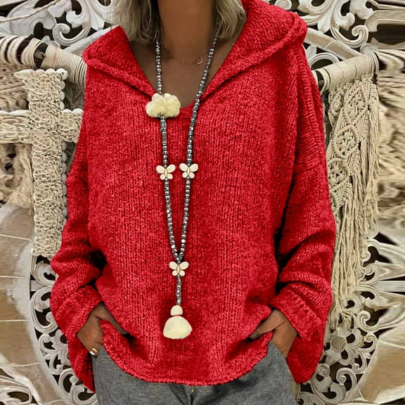 Wirziis Ugly Christmas Sweater for Women,Women's Plus Size Casual Loose Hooded Long-Sleeved Sweater Solid Color Top - Gifts for Women