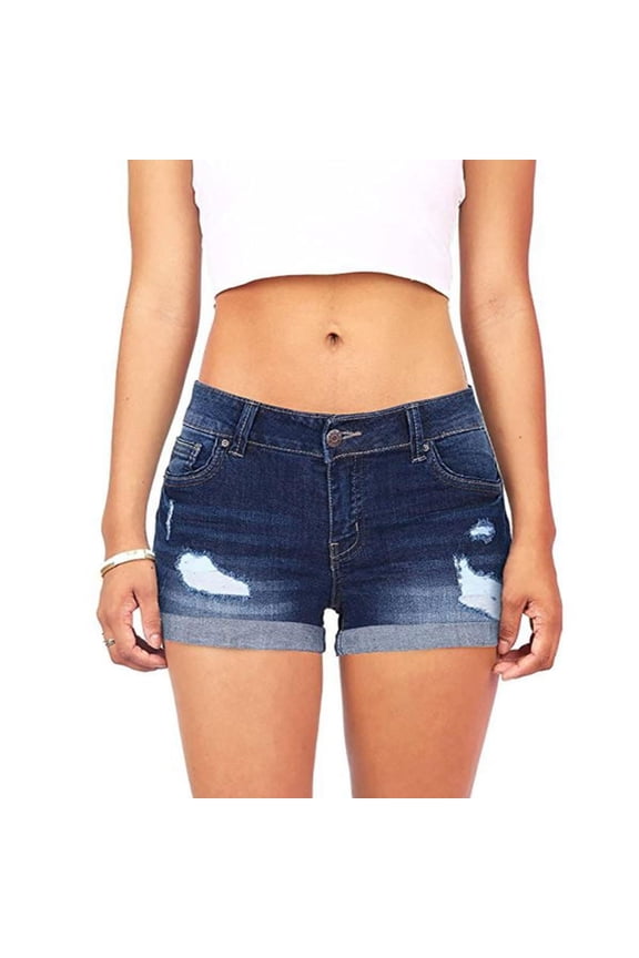 Wirziis Women Jean Shorts for Summer Casual Ripped Denim Shorts Mid Rise Stretch Folded Hem Short Jeans with Pocket