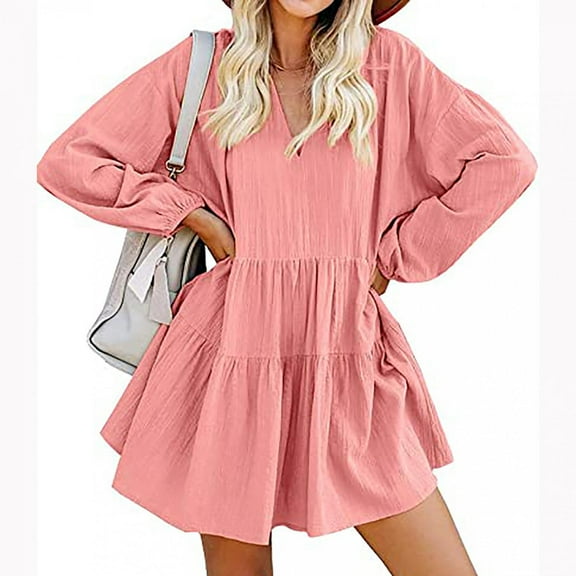 Wirziis Women Summer Dress V-Neck Solid Long Sleeve Casual Loose Flowy Swing Dress