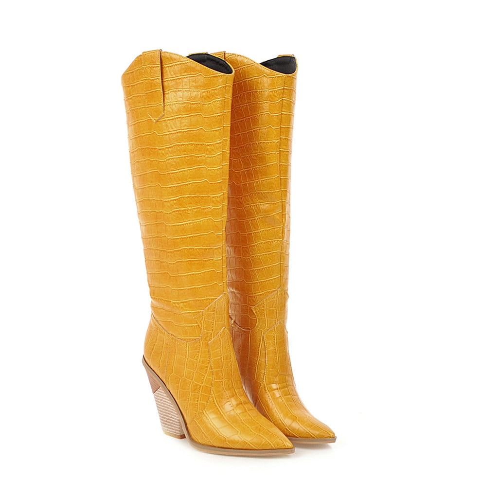 Women's Wrinkled Pointed Toe Knee High Boots — 3.3" Chunky Heel, 15" Shaft — Faux Suede, Block Heel