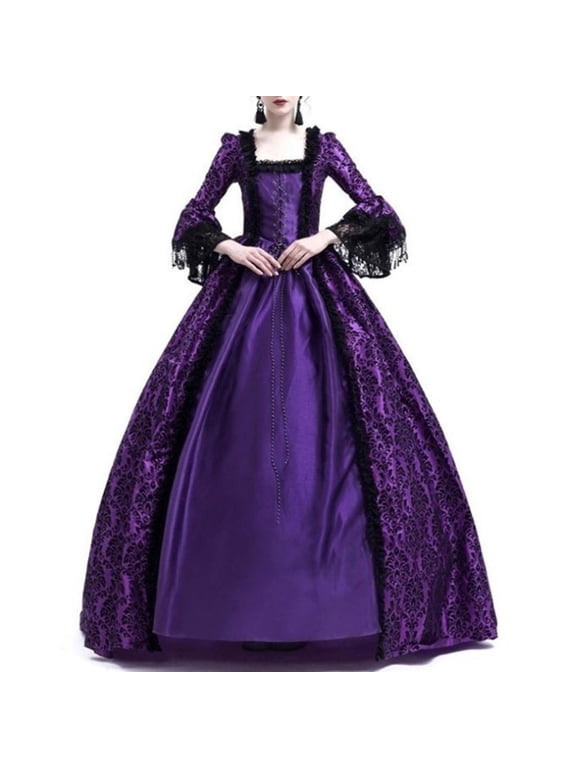 Women's Palace Retro Lace Stitching Big Bell Sleeve Medieval Dress Evening Dress