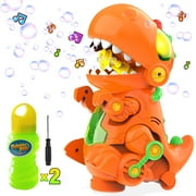 WisToyz Bubble Machine, Walk & Stand Orange Dinosaur Bubble Maker with Music and Lights for Kids Toddlers Toys Easy to Use 3 AA Batteries Needed