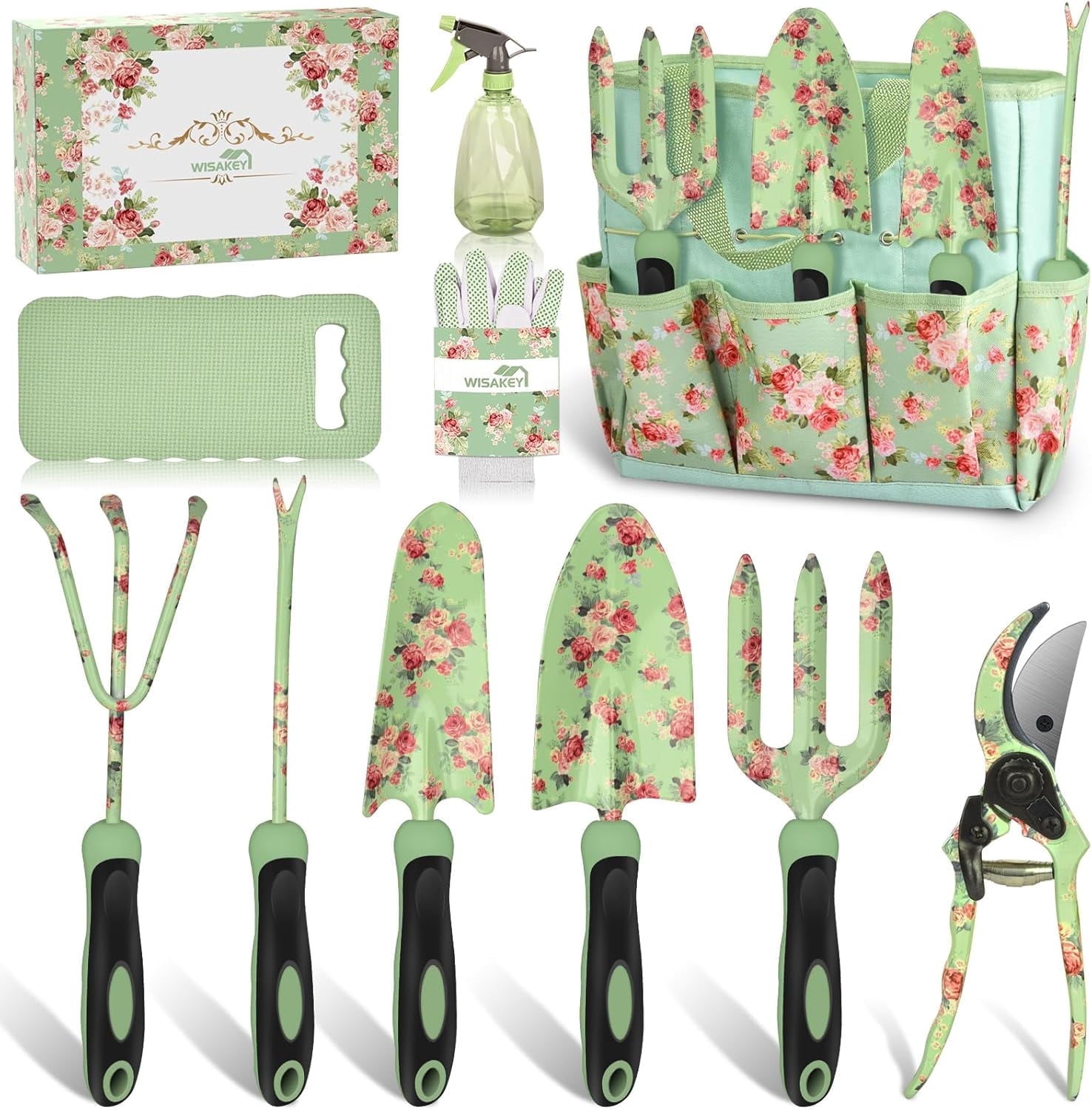 WisaKey 10-Piece Garden Tools Set - Heavy Duty Gardening Kit with Fashion Tool Handbag, an Ideal Gift for Women, Mom, and Garden Lovers.